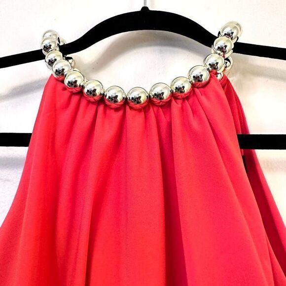 MSK Sleeveless Lined Halter Neck Blouson Mini Dress Coral Pink Size Petite Large - Picture 2 of 6